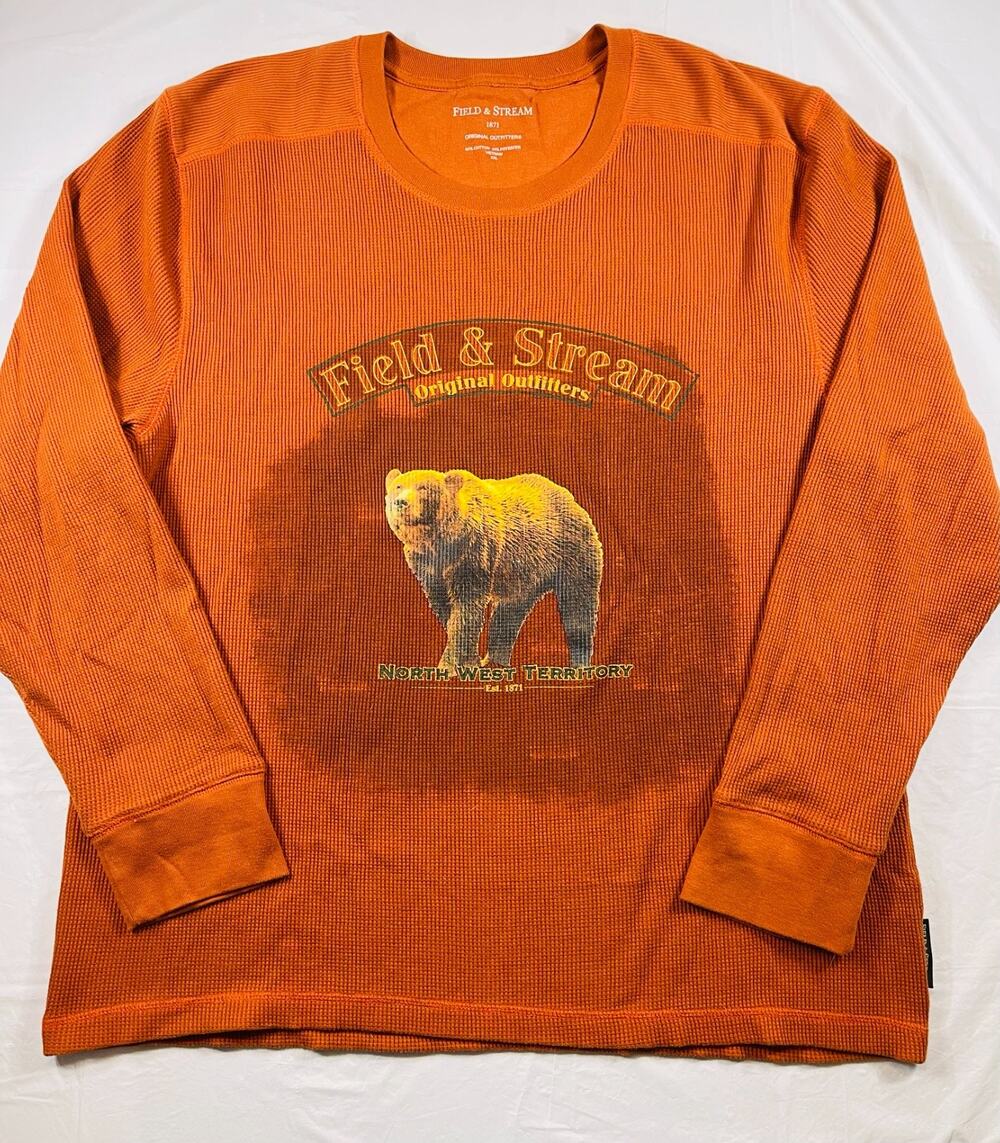 Field & Stream Mens XXL Orange Waffle Knit Bear Graphic Thermal Long SleeveShirt